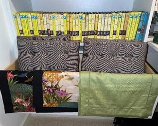 Nancy Drew mystery books circa 1959 and younger; seat cushions; table runners