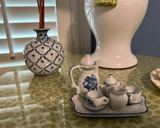 Blue and white reed diffuser; blue and white play tea set