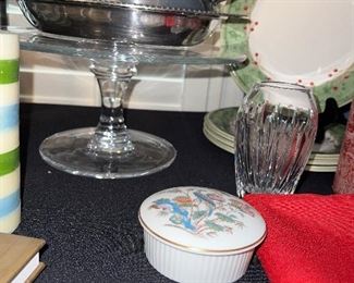 Silverplate serving dish; cake plate; Lenox Christmas luncheon/salad plates; trinket box