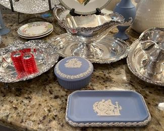 Various silver plate items; Wedgwood blue Jasperware