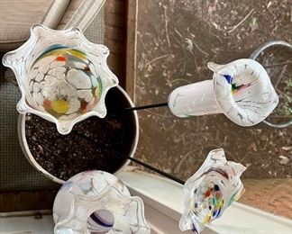 Top view of hand blown glass yard ornaments