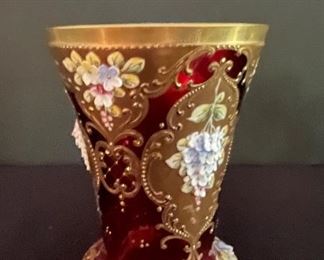 Ruby Italian hand painted Murano glass vase