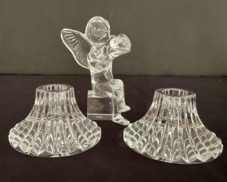Baccarat crystal candle holders and angle figurine