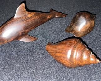 Hand carved wood figurines (dolphin & shells)