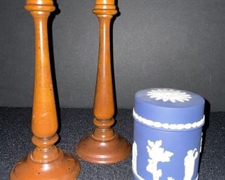 Vintage wood candlesticks; Wedgwood Jasperware blue