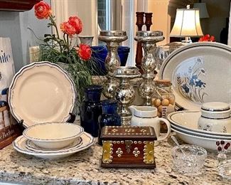 Book; Gien dinnerware; silk orchid plant; mercury glass candle holders; dinnerware; crystal figurines; decorative box