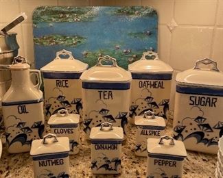 Blue and white canister and spice set