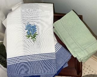 Embroidered hand towels; hemstitch napkins (various colors)