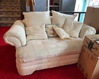 Vintage white upholstered sofa & matching chair & 1/2