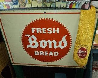 AMAZING DOUBLE SIDED BOND BREAD ADVERITISNG BROOM HOLDER DISPLAY W/ ORIGINAL SALESMAN TIE!