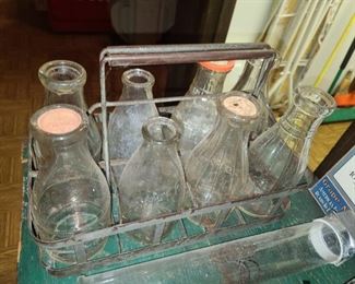 Antique Milk Bottles W/ Carrying Crate