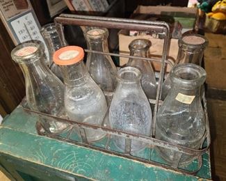 Antique Milk Bottles W/ Carrying Crate