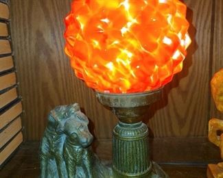 Dog Lamp W/ Antique Glass Multi-Colored Shade
