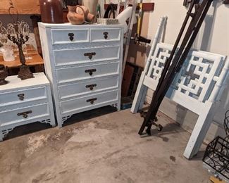 Priced at 1/4 of it's valueVery rare and highly collectible Shangri-La Dixie bedroom set. It includes chest of drawers, nightstand and the headboard can either be a king or two twins. The bed rails that have come with it is it for a king bed?