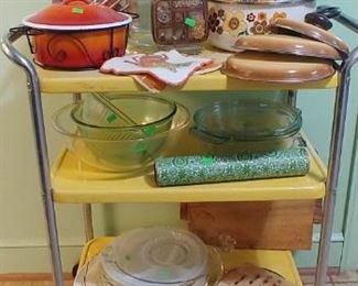 Yellow Metal Kitchen Cart- Set of 70s Cookware-Pyrex