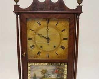 1001 ELI TERRY & SONS ANTIQUE SHELF CLOCK, PILLAR & SCROLL W/REVERSE PAINTING OF MOUNT VERNON ON DOOR, SOME LOSS TO CLOCK FACE, APPROXIMATELY 17 1/2 IN X 5 IN X 32 IN HIGH