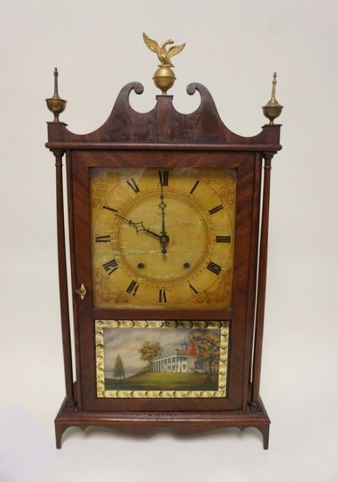 1001 ELI TERRY & SONS ANTIQUE SHELF CLOCK, PILLAR & SCROLL W/REVERSE PAINTING OF MOUNT VERNON ON DOOR, SOME LOSS TO CLOCK FACE, APPROXIMATELY 17 1/2 IN X 5 IN X 32 IN HIGH