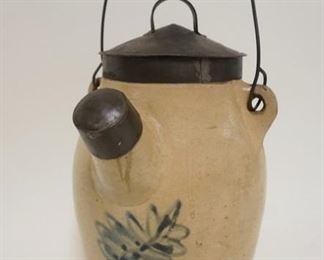 1002 BLUE DECORATED STONEWARE BATTER JUG W/TIN LID & SPOUT COVER, APPROXIMATELY 11 IN HIGH