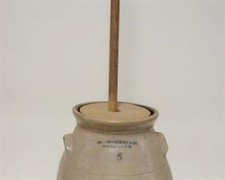1009 BLUE DECORATED BUTTER CHURN W/DOUBLE HANDLE, SIGNED ON TOP CASISDY & CO MONTREAL PQ J, APPROXIMATELY 17 1/2 IN HIGH