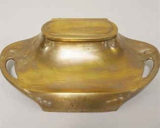1014 AUSTRIAN ART NOUVEAU BRASS INKWELL W/HINGED LID, GLASS INSERTS MISSING, APPROXIMATELY 10 IN X 2 1/4 IN HIGH