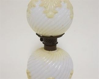 1018 MINIATURE ANTIQUE MILK GLASS KEROSENE LAMP, APPROXIMATELY 9 IN HIGH