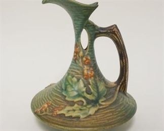 1019 ROSEVILLE GREEN BUSHBERRY EWER, TWIG HANDLED, APPROXIMATELY 6 1/2 IN HIGH