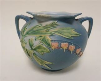 1021 ROSEVILLE BLUE BLEEDING HEART VASE, DOUBLE HANDLED MARKED 378-6, APPROXIMATELY 6 1/2 IN HIGH