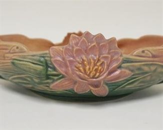 1022 ROSEVILLE PINK & GREEN WATER LILY CONSOLE BOWL, DOUBLE HANDLED, APPROXIMATELY 13 IN X 7 1/2 IN X 3 IN HIGH, MARKED 441-10