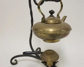 1023 BRASS TEAPOT ON FANCY WROUGHT IRON STAND W/WARMER, APPROXIMATELY 14 1/2 IN HIGH