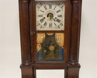 1024 FORRESTVILLE WEIGHT DRIVEN EMPIRE SHELF CLOCK W/REVERSE PAINTED CENTER GLASS, HAVING SOME LOSS, APPROXIMATELY 18 1/2 IN X 5 1/2 IN X 31 1/4 IN HIGH