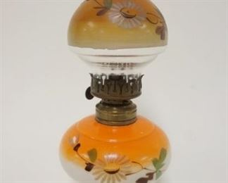 1025 ANTIQUE MINIATURE KEROSENE LAMP W/HAND PAINTED FLOWERS ON FONT & SHADE, APPROXIMATELY 9 1/4 IN