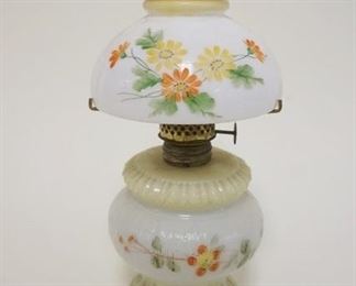 1026 ANTIQUE MINIATURE MILK GLASS KEROSENE LAMP W/HAND PAINTED FLOWERS ON FONT & SHADE, APPROXIMATELY 8 1/2 IN