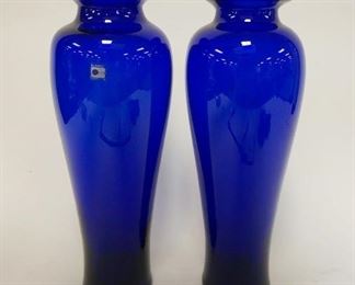 1029 BLENKO COLBALT VASES, LARGE PAIR ONE W/LABEL, APPROXIMATELY 16 1/4 IN HIGH