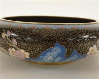 1031 CLOISONNE BOWL, LOW PROFILE W/BIRD & FLORAL TREE DESIGN, APPROXIMATELY 10 IN X 3 1/2 IN HIGH