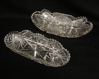 1041 2 CUT GLASS SIGNED LIBBY OVAL BOWLS, BOTH HAVING ROUGHNESS ON TOP EDGES, LARGEST IS 12 IN X 5 IN X 3 IN HIGH