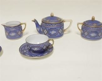 1042 NIPPON WEDGWOOD LAVENDAR TEASET W/3 CUPS & SAUCERS, TEAPOT, CREAMER & SUGAR, ALL HAVING GILT TRIM & ACCENTS, RIM CHIP ON ONE TEACUP