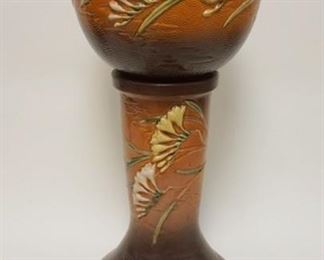 1047 ROSEVILLE FREESIA BROWN POT & PEDISTAL, 669-8, APPROXIMATELY 25 IN HIGH, RIM CHIP REPAIR ON TOP