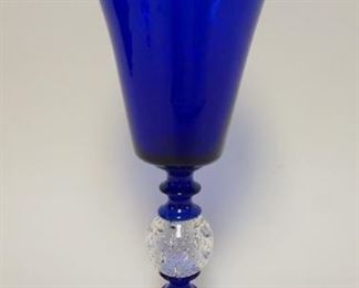 1049 PAIRPOINT COLBALT TRUMPET VASE W/CONTROLLED BUBBLE GLASS BALL AT CENTER OF STEM, APPROXIMATELY 12 IN HIGH