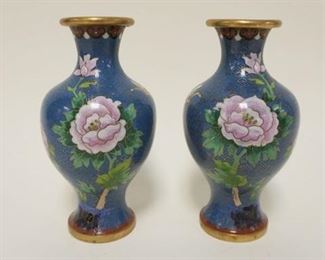 1052 PAIR OF CLOISONNE VASES W/FLOWER & BUTTERFLY DECORATION, 7 1/2 IN HIGH