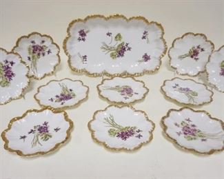 1055 A LANTERNIER LIMOGES CHINA ICE CREAM SET, PLATTER & 10-7 IN PLATES, ALL W/FLORAL DCORATION & GILT SCAOLLOPED EDGE TRIM, PLATTER APPROXIMATLEY 15 1/2 IN X 6 1/4 IN