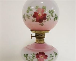 1056 MINIATURE MILK GLASS KEROSENE LAMP W/HAND PAINTED FLOWERS, APPROXIMATELY 10 1/4 IN HIGH