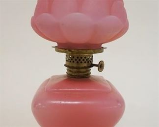 1057 MINIATURE KEROSENE LAMP W/PINK SATIN GLASS SHAPE, APPROXIMATELY 7 IN HIGH
