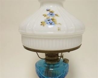 1058 ALADDIN KEROSENE LAMP, BLUE LINCOLN DRAPE PATTERN W/HAND PAINTED & SIGNED MILK GLASS SHADE, APPROXIMATELY 21 1/2 IN, DATED 1889