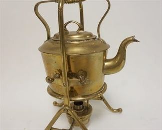 1065 BRASS TEA KETTLE ON BRASS STAND W/WARMER, BURNER MISSING, APPROXIMATELY 15 IN HIGH