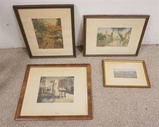 1070 WALLACE NUTTING 4 FRAMED PRINTS, LARKSPUR, BOSSINGTON STREET, UNTITLED, A DIVINING CUP W/WATER STAINS ON MATT, LARGEST IS APPROXIMATELY 15 1/2 IN X 19 IN