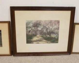 1071 WALLACE NUTTING 3 FRAMED PRINTS, HONEYMOON DRIVE, EVERGREEN SHADOWS, HONEYMOON BLOSSOMS, LARGEST IS APPROXIMATELY 24 1/2 IN X 21 IN