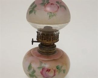 1076 MINIATURE KEROSENE LAMP W/MILK GLASS FONT & HAND PAINTED FLOWERS, APPROXIMATELY 9 1/2 IN HIGH