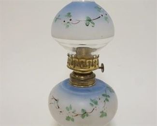 1077 MINIATURE KEROSENE LAMP W/MILK GLASS FONT & HAND PAINTED FLOWERS, APPROXIMATELY 9 3/4 IN HIGH