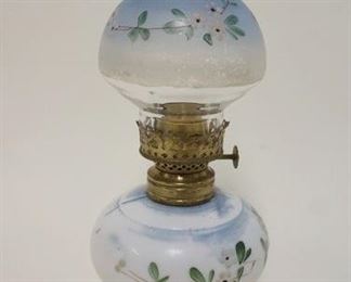 1078 MINIATURE KEROSENE LAMP W/MILK GLASS FONT & HAND PAINTED FLOWERS, APPROXIMATELY 9 1/4 IN HIGH