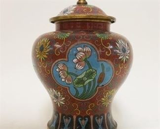 1081 CLOISONNE COVERED URN DECORATED W/4 DIFFERENT FLORAL SCENES, APPROXIMATELY 11 IN HIGH